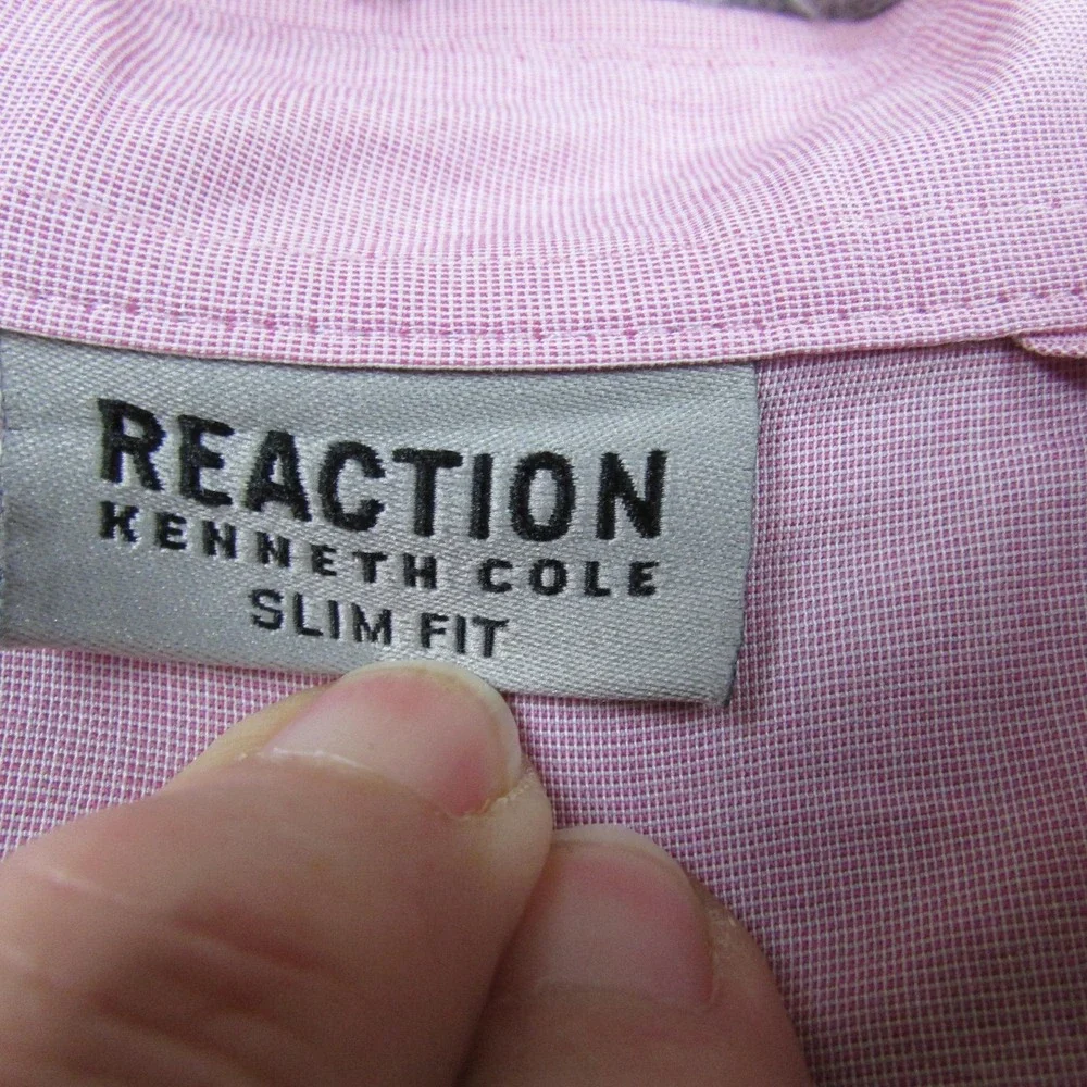 Kenneth Cole Reaction Shirt Mens 17 34/35 Pink Check Slim Stretch Long Sleeve‎